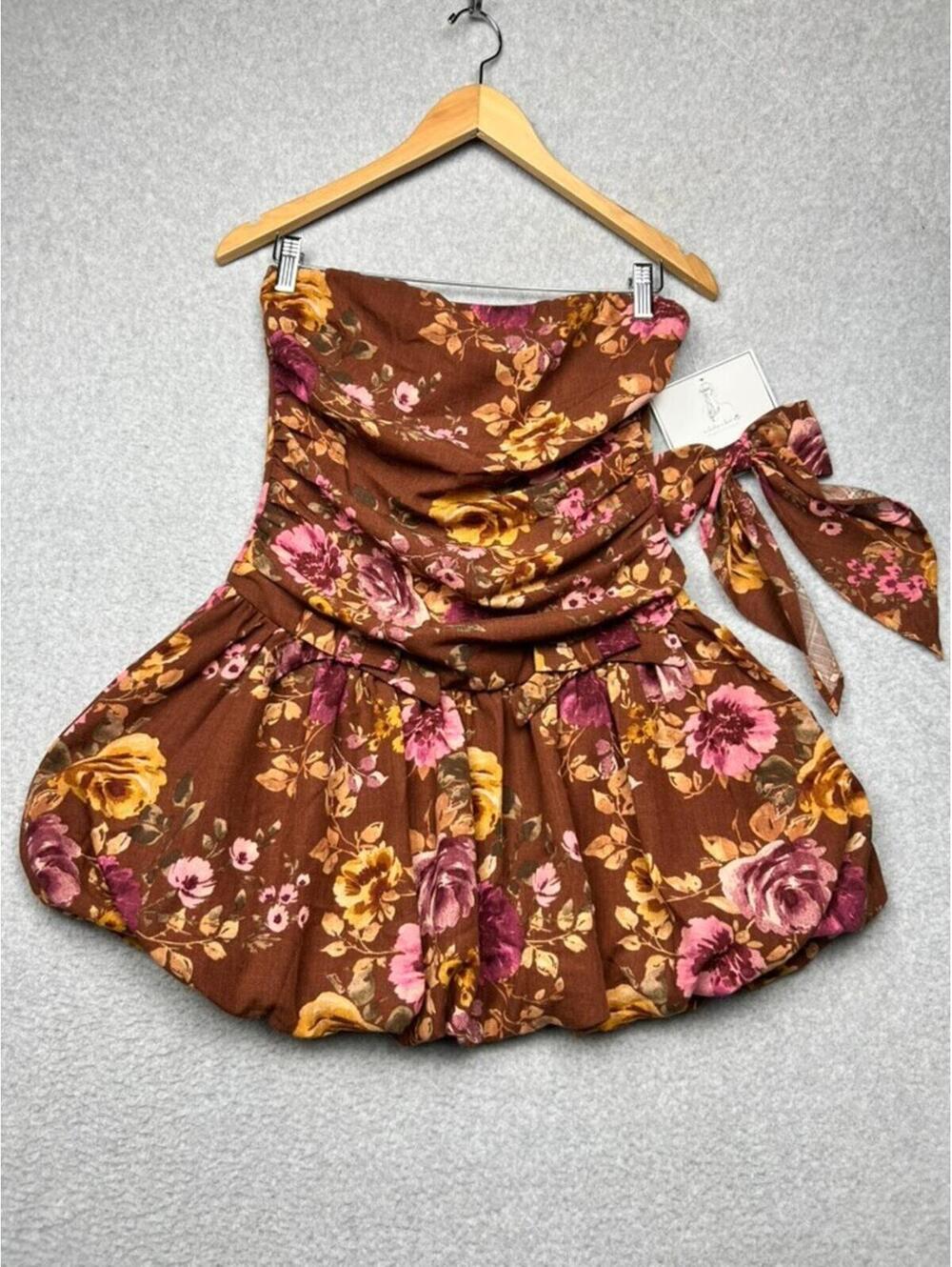 Jessica Simpson Brown Floral Bubble Hem Strapless Dress XL Coquette Fairycore